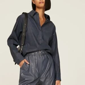 Marissa Web Navy Blue Faux Leather Crop Top SMALL Designer Career Collared $280